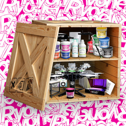 Wooden storage cabinet with various items on a pink and white abstract background