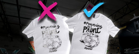 An image of two printed shirts one on the left is poorly printed with an x, the other is printed cleanly with a checkmark. 