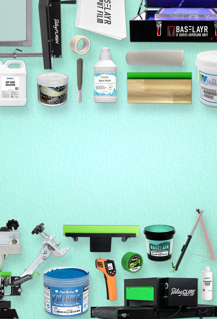 Grouping of inks, chemicals, and other products on a mint green background.