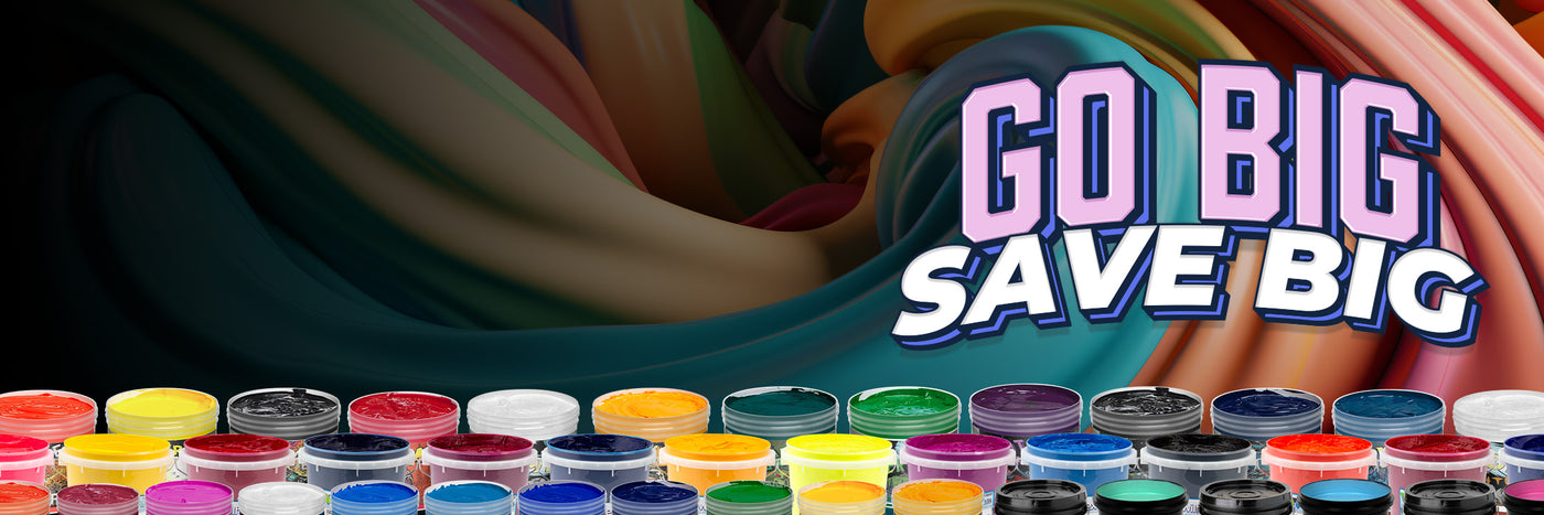 Colorful ink containers with 'Go Big Save Big' text overlay