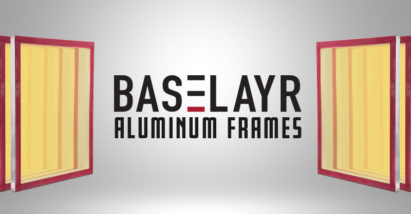The image features a centered BASELAYR Aluminum Frames logo with two aluminum screen printing frames positioned on either side. The frames have a red border and yellow mesh, set against a gradient gray background. The design emphasizes high-quality aluminum frames for screen printing.