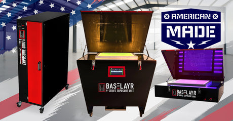 Exposure unit with Baselayr branding and American Made logo against a patriotic background