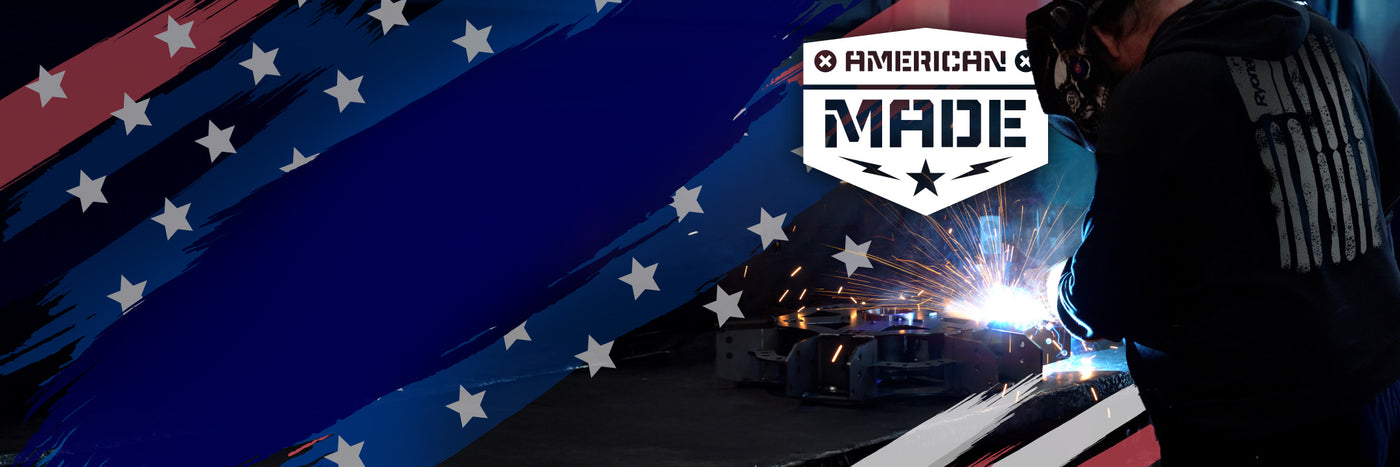 Person welding with American flag and 'American Made' logo in the background