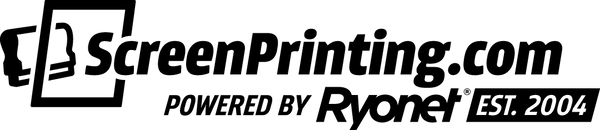 Logo for ScreenPrinting.com powered by Ryonet, established 2004, featuring a screen printing frame icon.