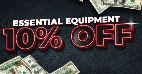Essential Equipment 10% Off Instant Relief graphic with dollar bills scattered on dark background.
