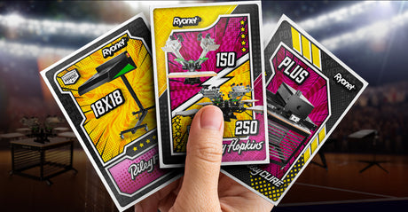 Three Ryonet “Machine Madness” trading cards featuring a flash dryer, Riley 150/250 presses, and a tabletop conveyor dryer, over a blurred basketball arena.