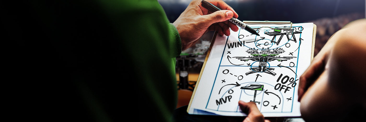 Coach sketches a “Machine Madness” play on a clipboard with a Riley Flash Quartz dryer, Riley Hopkins 360 press, and a Riley Cure conveyor dryer, plus “10% OFF,” basketball in the background.