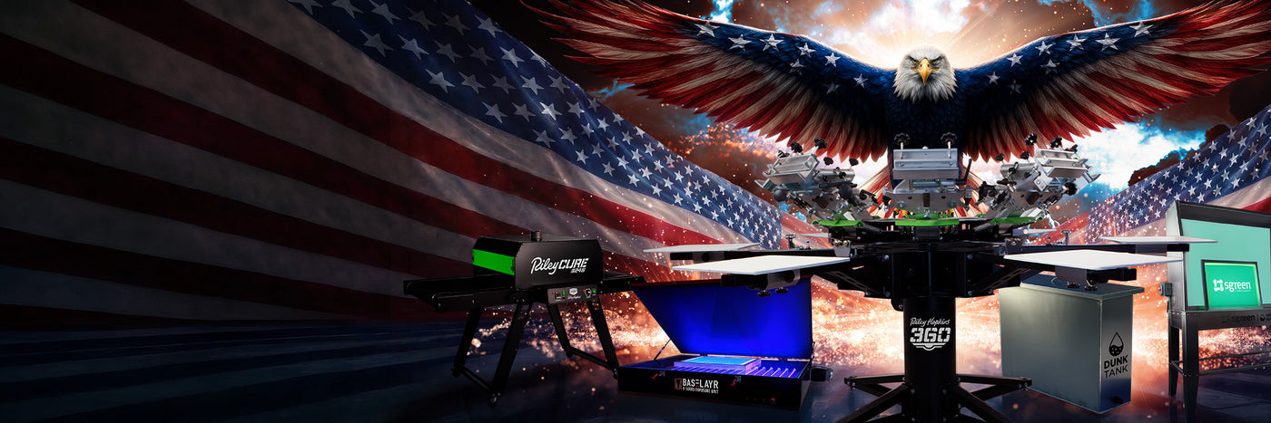 Eagle with American flag wings over a  Riley Hopkins 360 press and other brands.