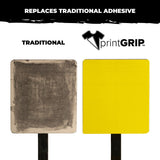 PrintGRIP Yellow adhesive sheet next to traditional adhesive spray for screen printing platens